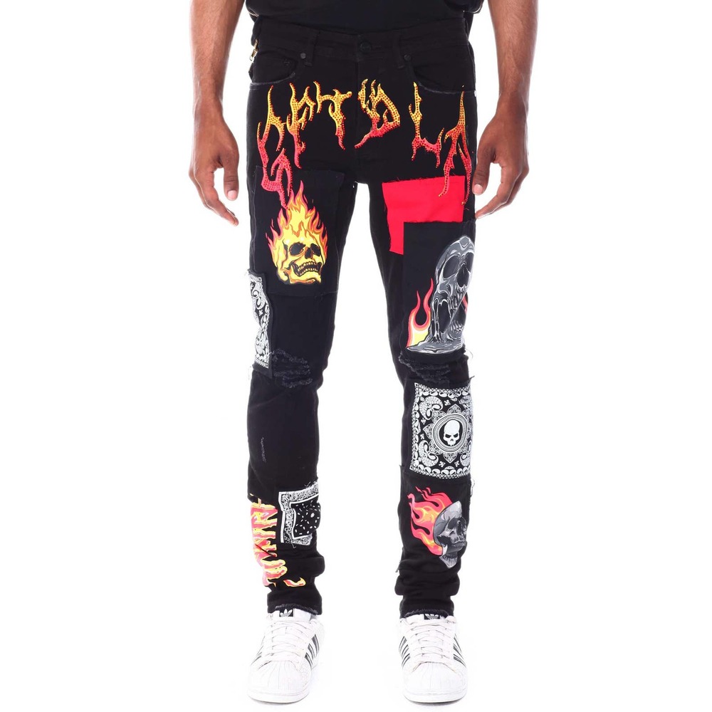 GFTD LA Los Angeles Men's Skinny Fit Panel Patch Fire Skull Distressed Rip Jeans